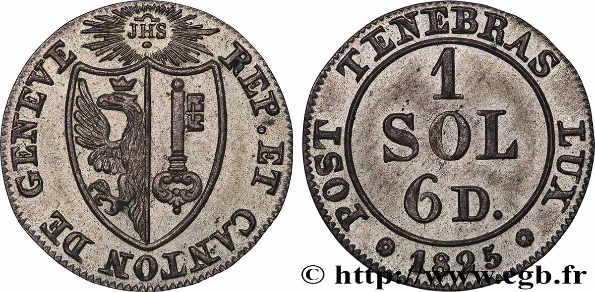 SUISSE - RÉPUBLIQUE DE GENÈVE 1 Sol 6 Deniers 1825  SUP 