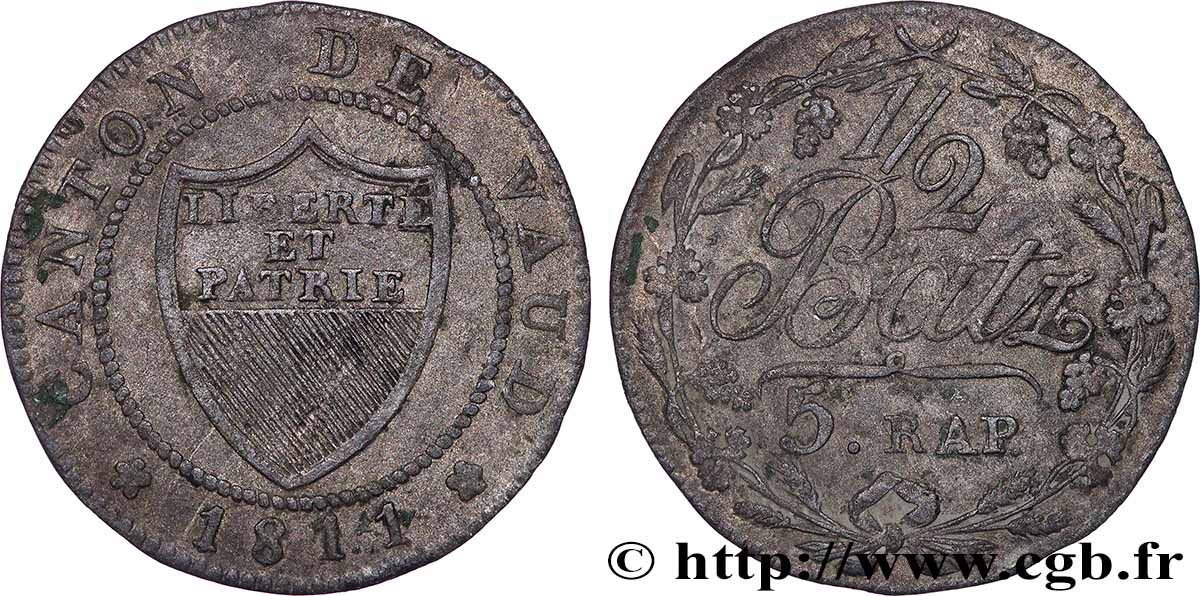 SWITZERLAND - CANTON OF VAUD 1/2 Batzen 1811  XF 