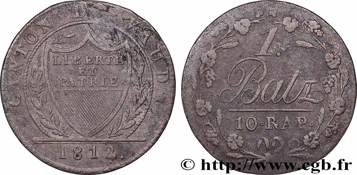 SWITZERLAND - CANTON OF VAUD 1 Batz 10 Rappen 1812  XF 
