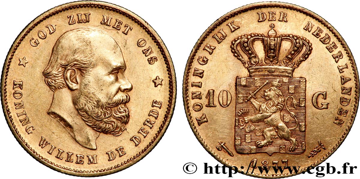 OR, PALLADIUM ET PLATINE INVESTISSEMENT 10 Gulden Guillaume III, 2e type 1877 Utrecht SUP 
