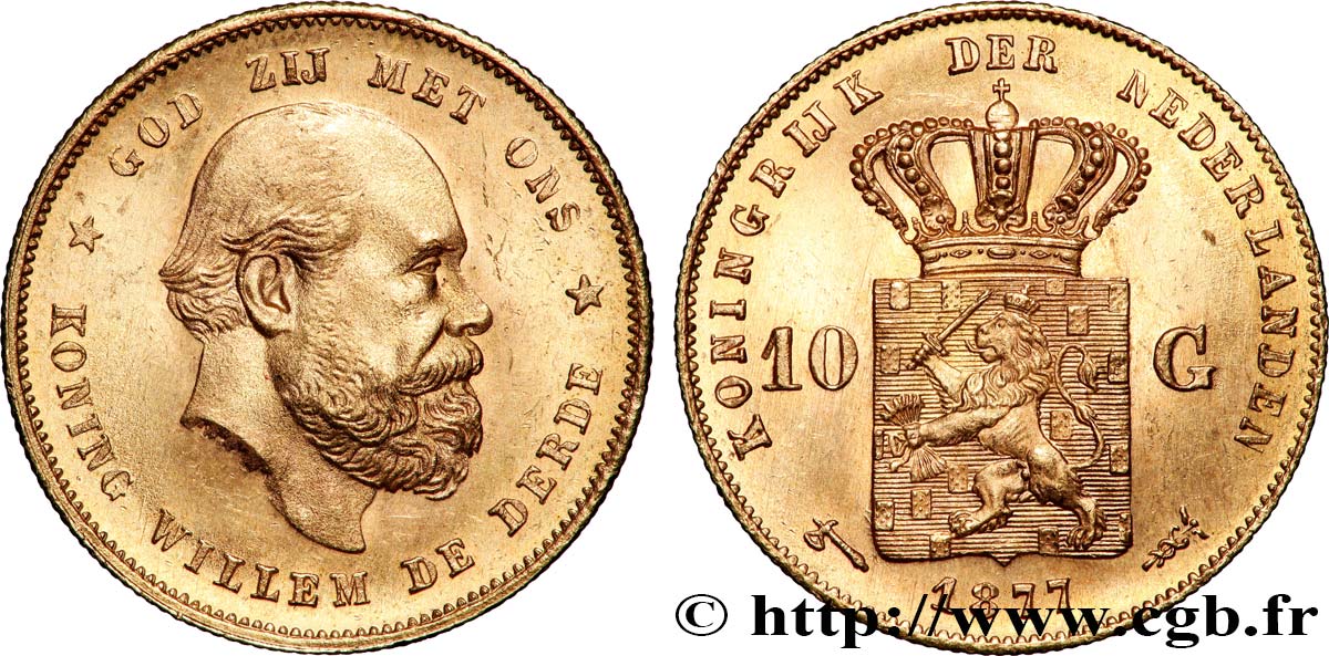 OR, PALLADIUM ET PLATINE INVESTISSEMENT 10 Gulden Guillaume III, 2e type 1877 Utrecht SUP 