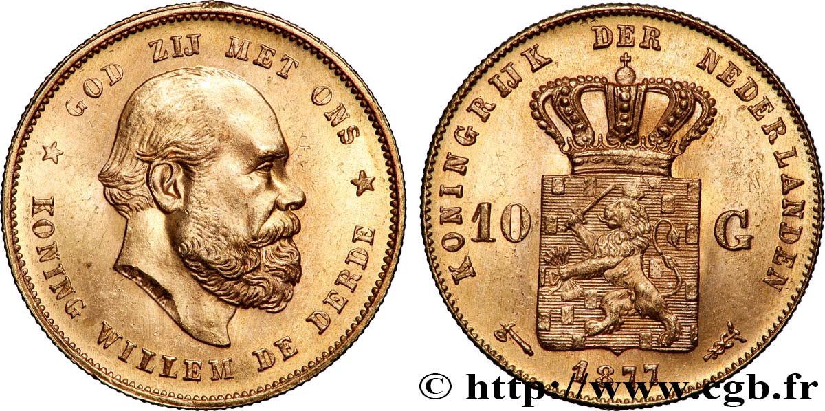 OR, PALLADIUM ET PLATINE INVESTISSEMENT 10 Gulden Guillaume III, 2e type 1877 Utrecht SUP 