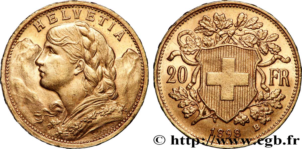 GOLD, PALLADIUM & PLATINUM INVESTMENT 20 Francs or buste diadémé d&nbsp;Helvetia 1898 Berne AU 