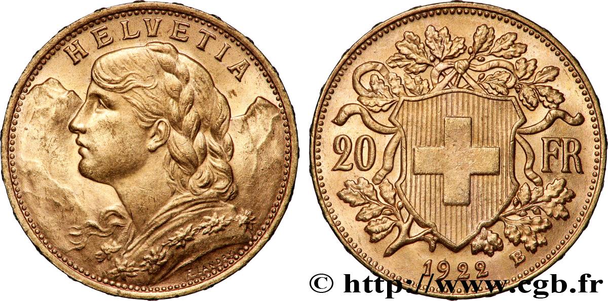 OR, PALLADIUM ET PLATINE INVESTISSEMENT 20 Francs &nbsp;Vreneli&nbsp;  1922 Berne SUP 