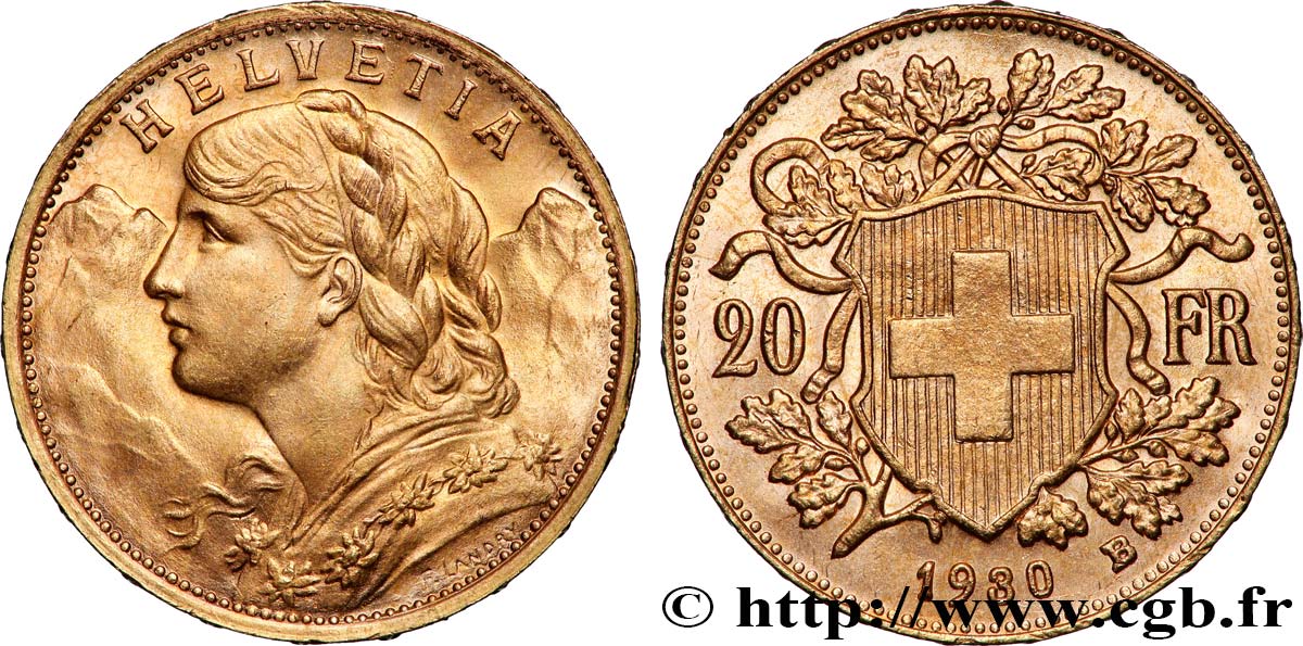 OR, PALLADIUM ET PLATINE INVESTISSEMENT 20 Francs &nbsp;Vreneli&nbsp; 1930 Berne SUP 