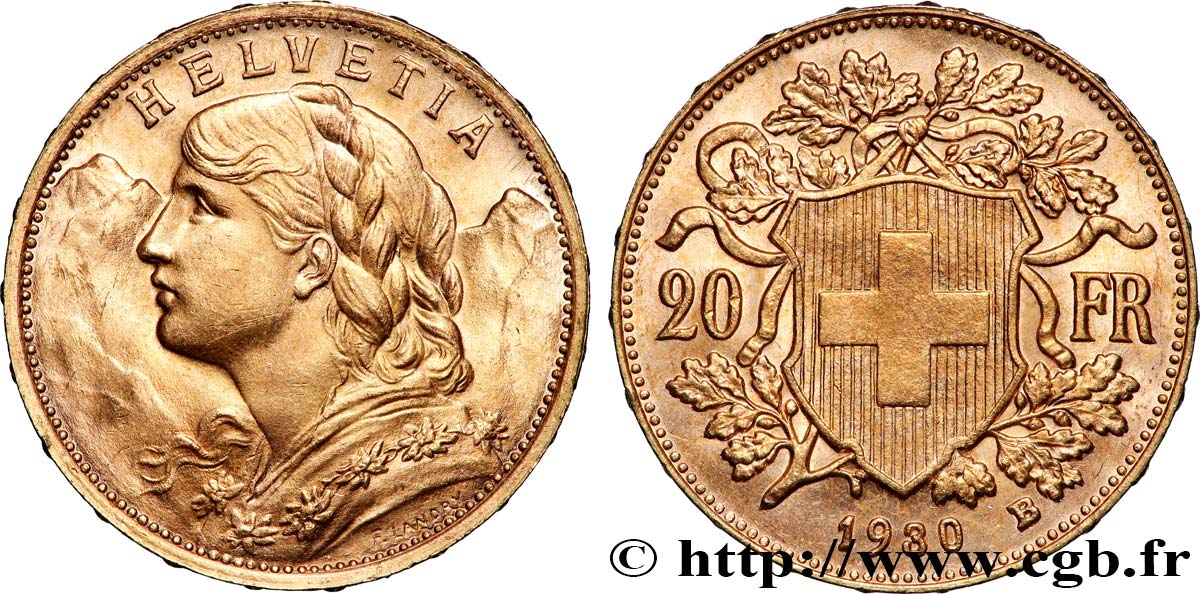 OR, PALLADIUM ET PLATINE INVESTISSEMENT 20 Francs &nbsp;Vreneli&nbsp; 1930 Berne SUP 