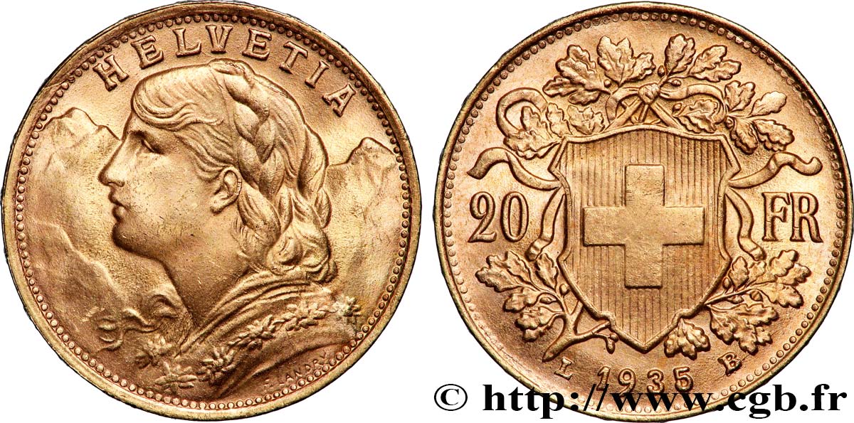 OR, PALLADIUM ET PLATINE INVESTISSEMENT 20 Francs &nbsp;Vreneli&nbsp; 1935 Berne SUP 