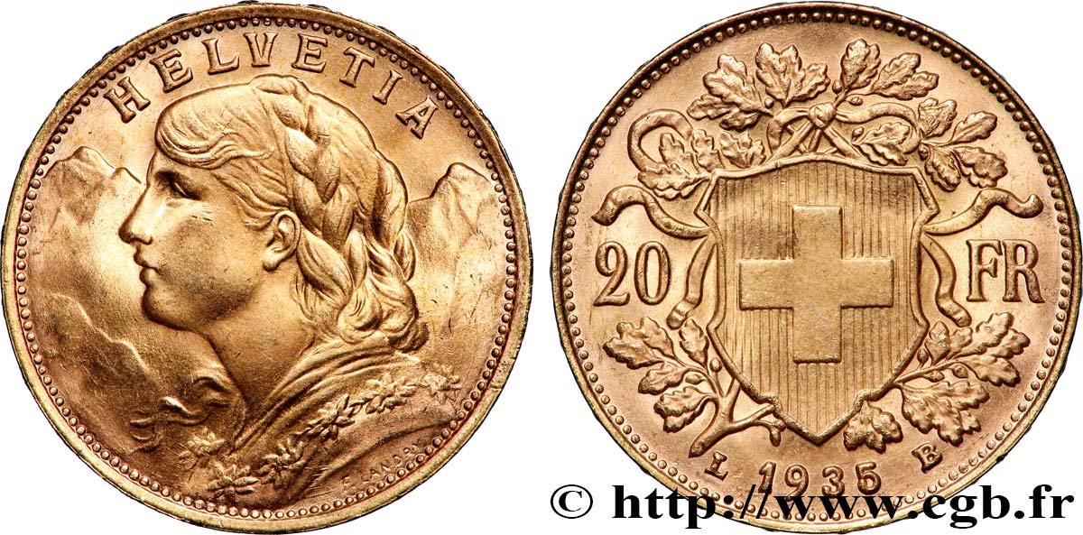 OR, PALLADIUM ET PLATINE INVESTISSEMENT 20 Francs &nbsp;Vreneli&nbsp; 1935 Berne SUP 