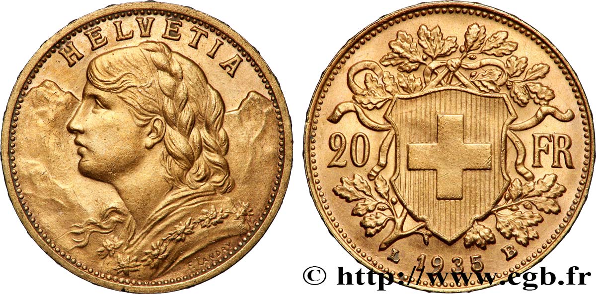 OR, PALLADIUM ET PLATINE INVESTISSEMENT 20 Francs &nbsp;Vreneli&nbsp; 1935 Berne SPL 