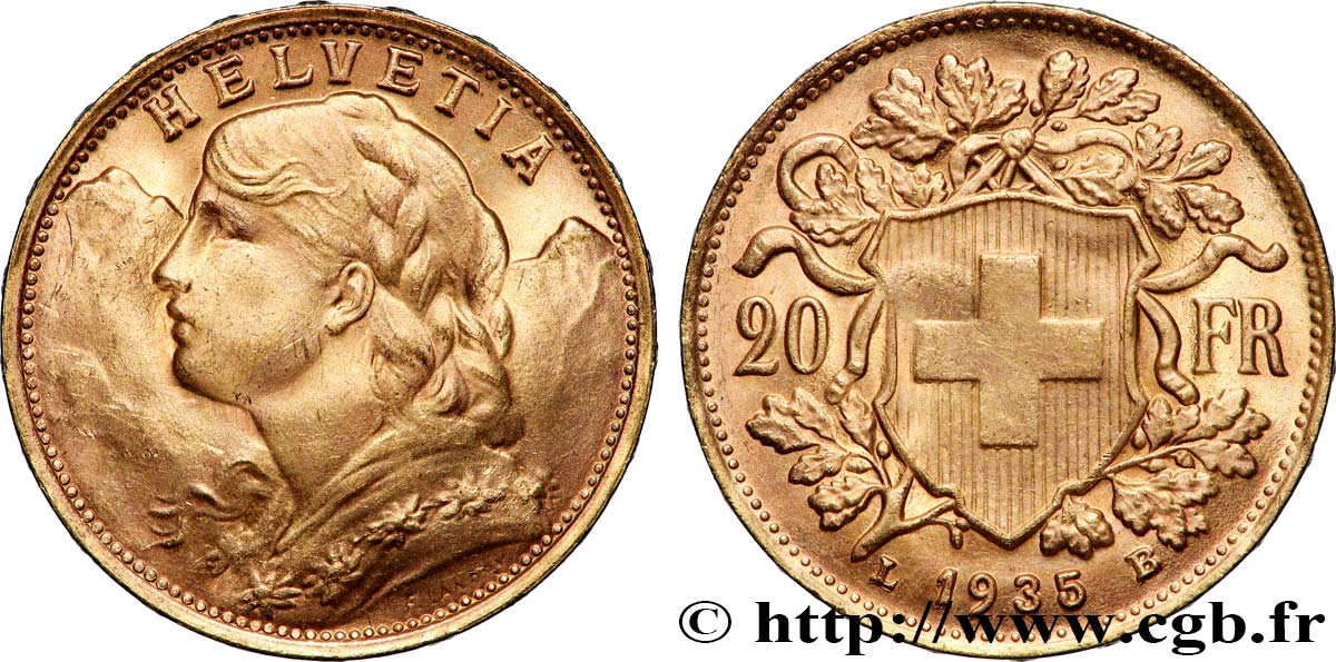 OR, PALLADIUM ET PLATINE INVESTISSEMENT 20 Francs &nbsp;Vreneli&nbsp; 1935 Berne SUP 