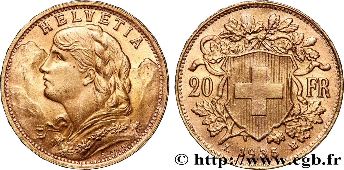 OR, PALLADIUM ET PLATINE INVESTISSEMENT 20 Francs &nbsp;Vreneli&nbsp; 1935 Berne SPL 