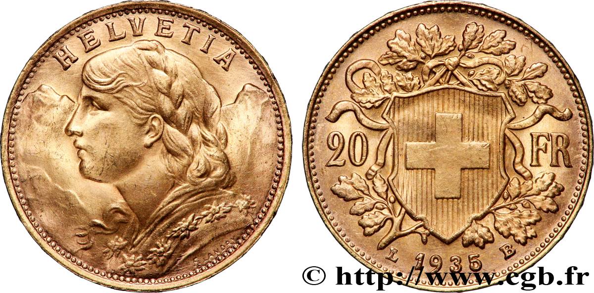 OR, PALLADIUM ET PLATINE INVESTISSEMENT 20 Francs &nbsp;Vreneli&nbsp; 1935 Berne SPL 