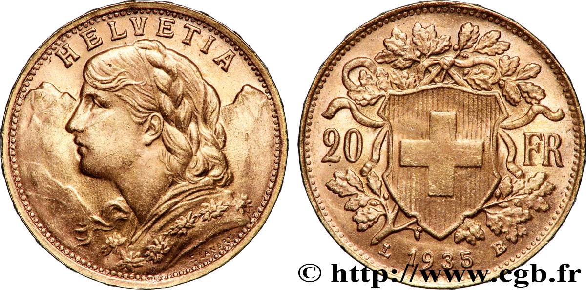 OR, PALLADIUM ET PLATINE INVESTISSEMENT 20 Francs &nbsp;Vreneli&nbsp; 1935 Berne SUP 