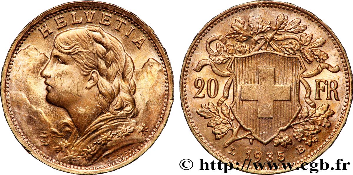 OR, PALLADIUM ET PLATINE INVESTISSEMENT 20 Francs &nbsp;Vreneli&nbsp; 1935 Berne SUP 