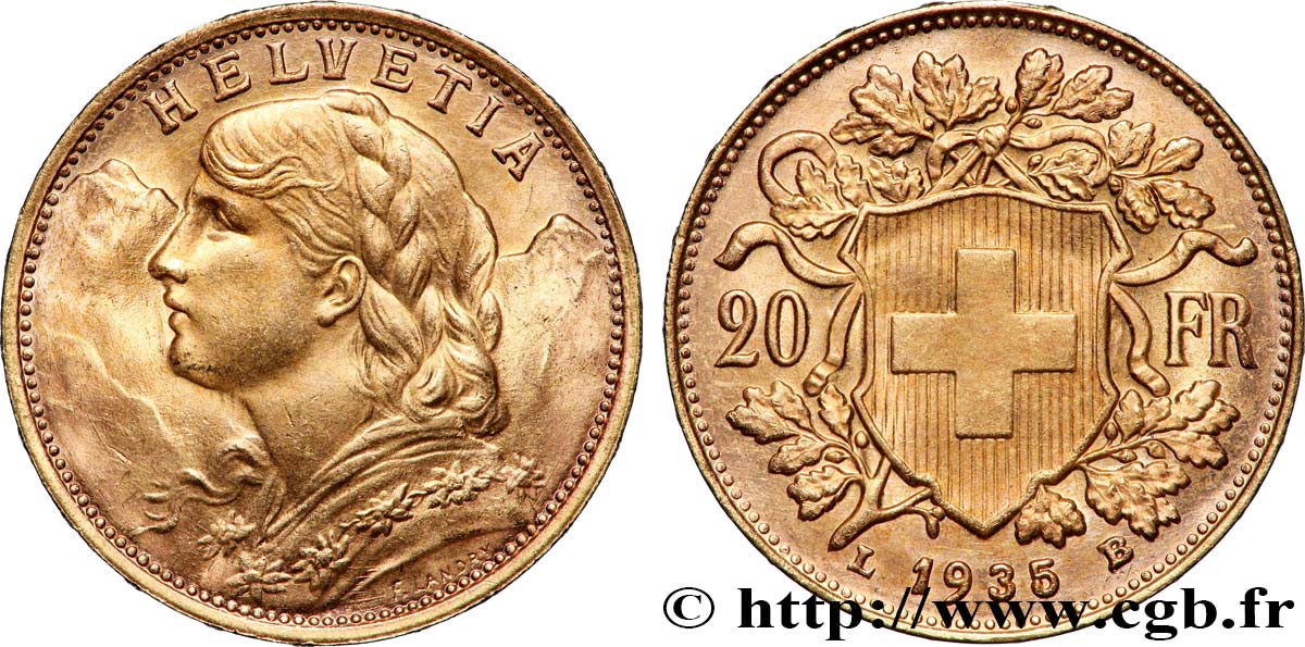 OR, PALLADIUM ET PLATINE INVESTISSEMENT 20 Francs &nbsp;Vreneli&nbsp; 1935 Berne SPL 