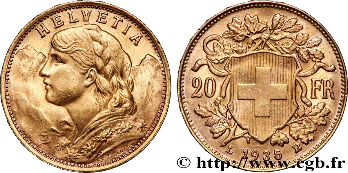 OR, PALLADIUM ET PLATINE INVESTISSEMENT 20 Francs &nbsp;Vreneli&nbsp; 1935 Berne SPL 