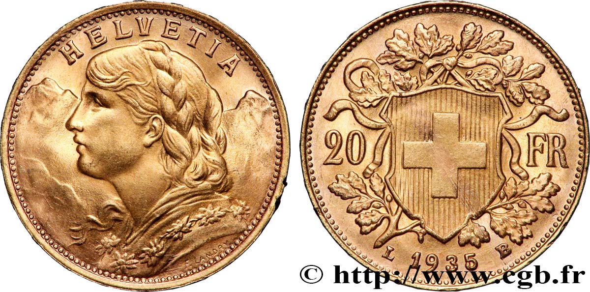 OR, PALLADIUM ET PLATINE INVESTISSEMENT 20 Francs &nbsp;Vreneli&nbsp; 1935 Berne SPL 