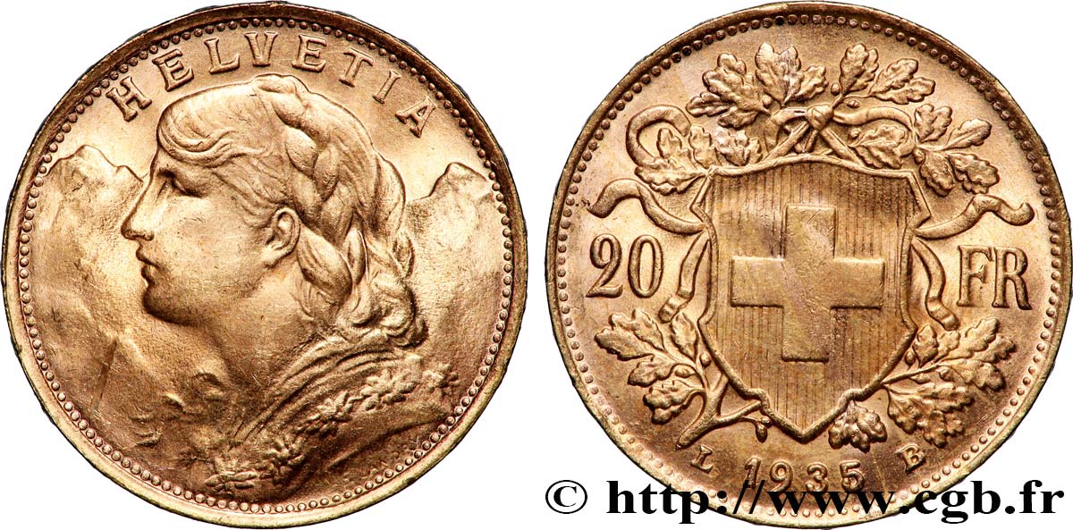 OR, PALLADIUM ET PLATINE INVESTISSEMENT 20 Francs &nbsp;Vreneli&nbsp; 1935 Berne SUP 