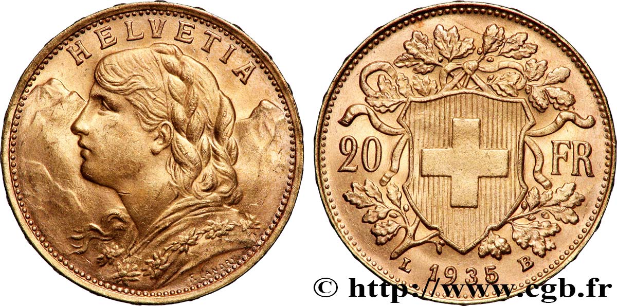OR, PALLADIUM ET PLATINE INVESTISSEMENT 20 Francs &nbsp;Vreneli&nbsp; 1935 Berne SPL 