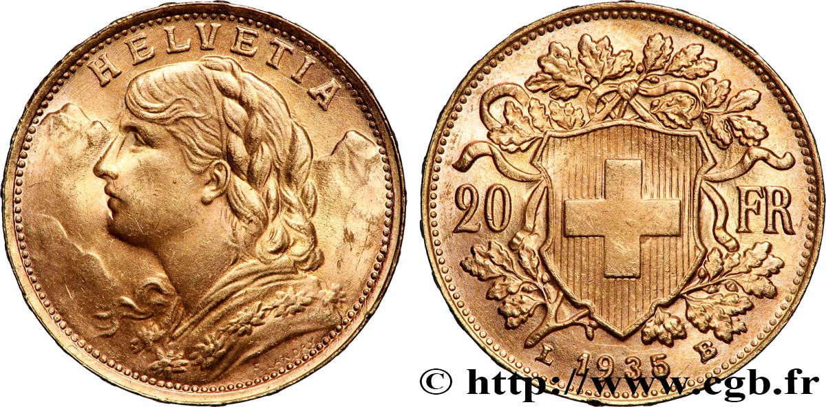 OR, PALLADIUM ET PLATINE INVESTISSEMENT 20 Francs &nbsp;Vreneli&nbsp; 1935 Berne SUP 