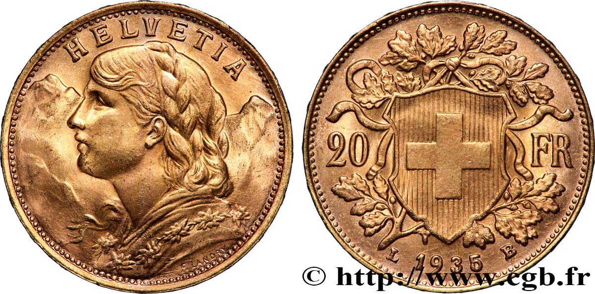 OR, PALLADIUM ET PLATINE INVESTISSEMENT 20 Francs &nbsp;Vreneli&nbsp; 1935 Berne SPL 