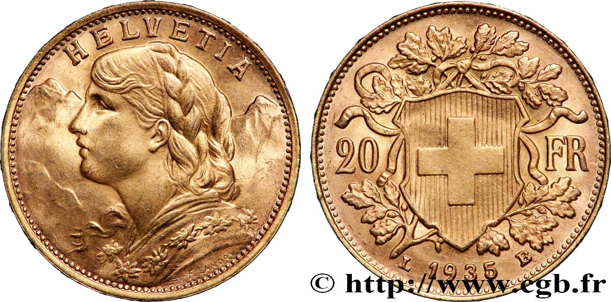 OR, PALLADIUM ET PLATINE INVESTISSEMENT 20 Francs &nbsp;Vreneli&nbsp; 1935 Berne SPL 