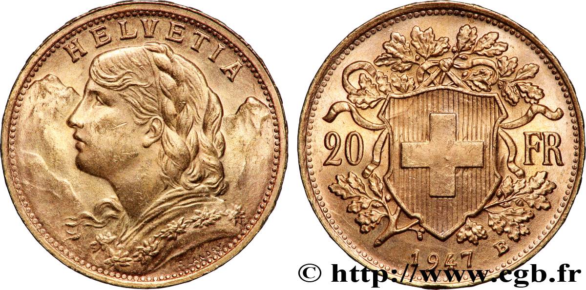 OR, PALLADIUM ET PLATINE INVESTISSEMENT 20 Francs or &nbsp;Vreneli&nbsp; 1947 Berne SUP 