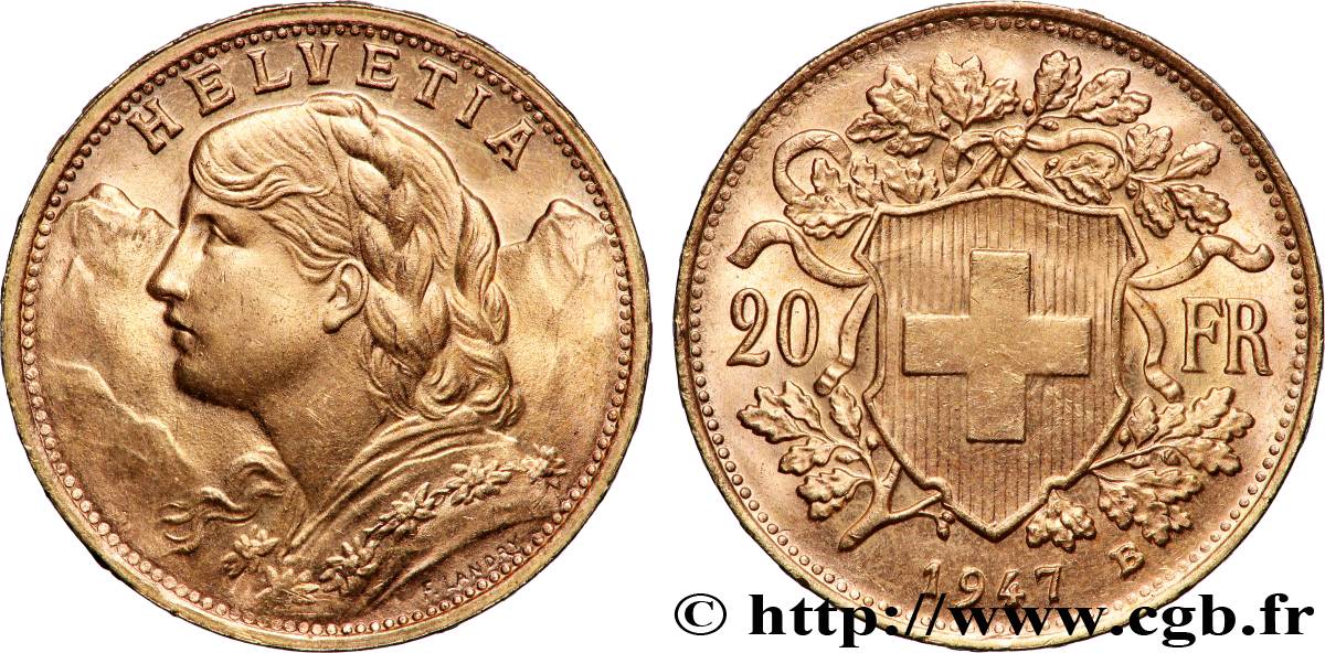 OR, PALLADIUM ET PLATINE INVESTISSEMENT 20 Francs or &nbsp;Vreneli&nbsp; 1947 Berne SPL 