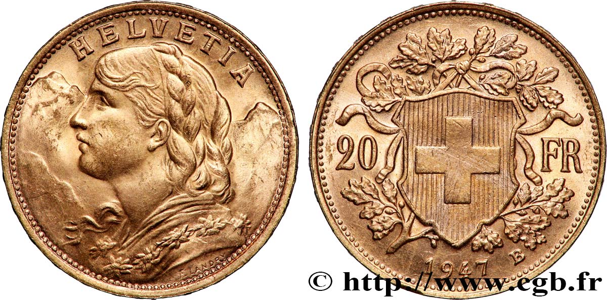 OR, PALLADIUM ET PLATINE INVESTISSEMENT 20 Francs or &nbsp;Vreneli&nbsp; 1947 Berne SUP 