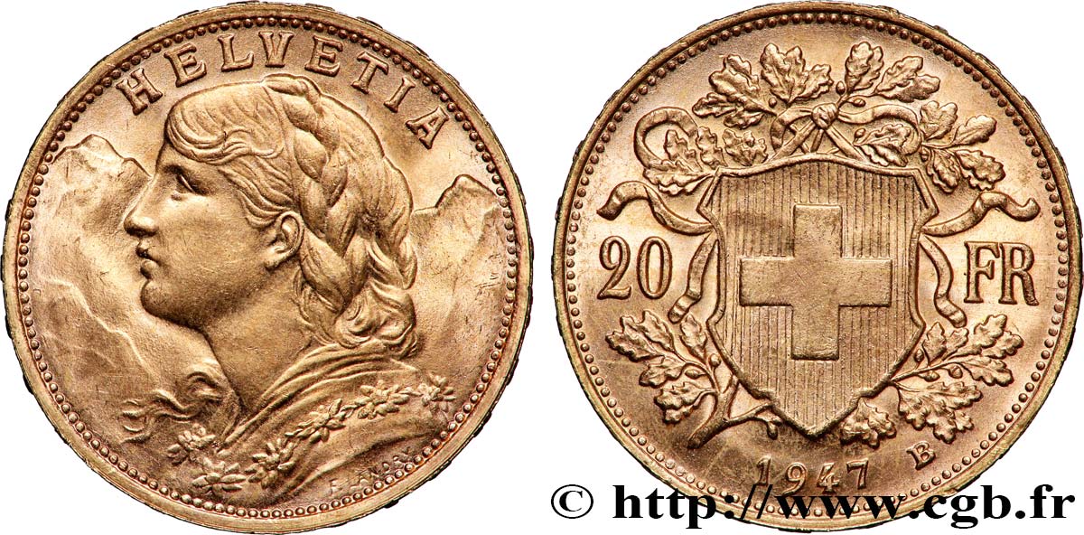 OR, PALLADIUM ET PLATINE INVESTISSEMENT 20 Francs or &nbsp;Vreneli&nbsp; 1947 Berne SUP 