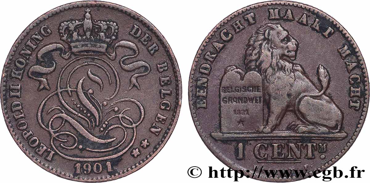 BELGIQUE 1 Centiemen (Centime) Léopold II légende en flamand 1901 Bruxelles TTB 