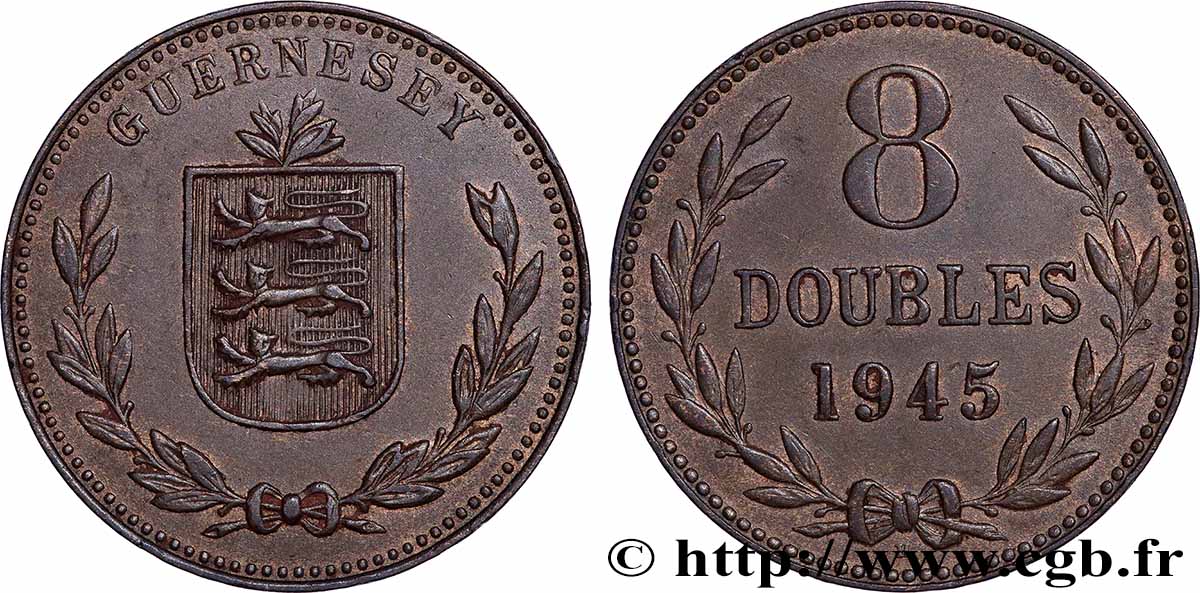 GUERNESEY 8 Doubles armes du baillage de Guernesey 1945 Heaton TTB+ 