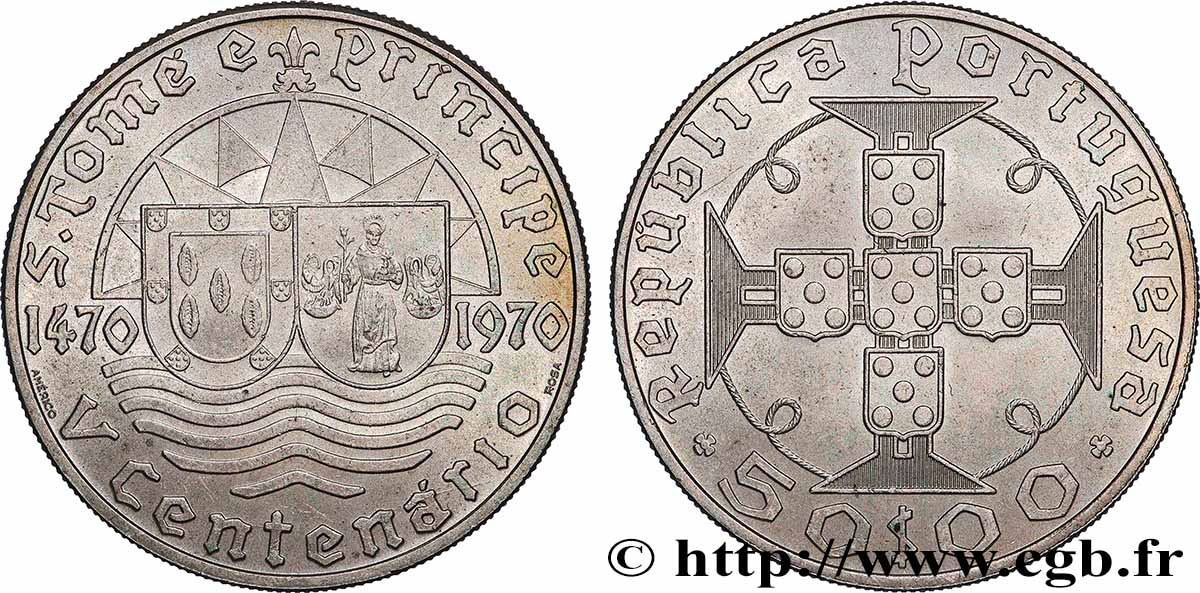 SAINT THOMAS et PRINCE 50 Escudos 500e anniversaire découverte de l’Ile 1970 Lisbonne SUP 
