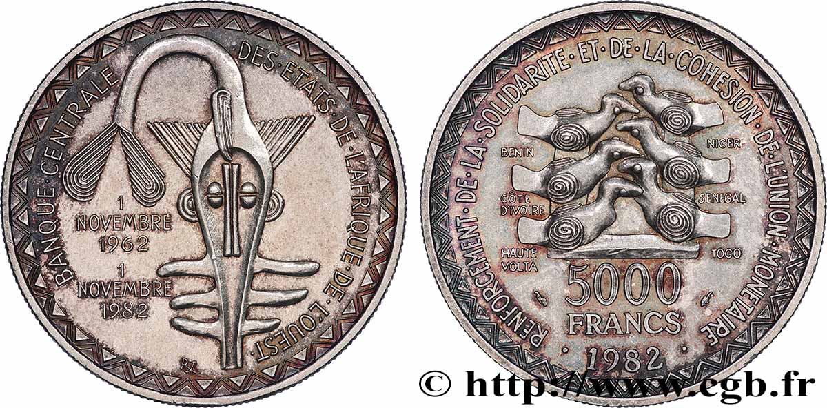 ÉTATS DE L&nbsp;AFRIQUE DE L&nbsp;OUEST (BCEAO) 5000 Francs masque 1982 Paris SUP 