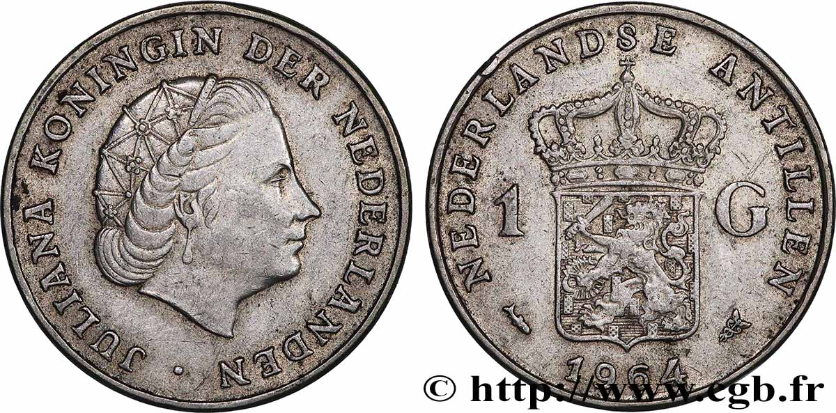 NETHERLANDS ANTILLES 1 Gulden reine Juliana 1964 Utrecht XF 