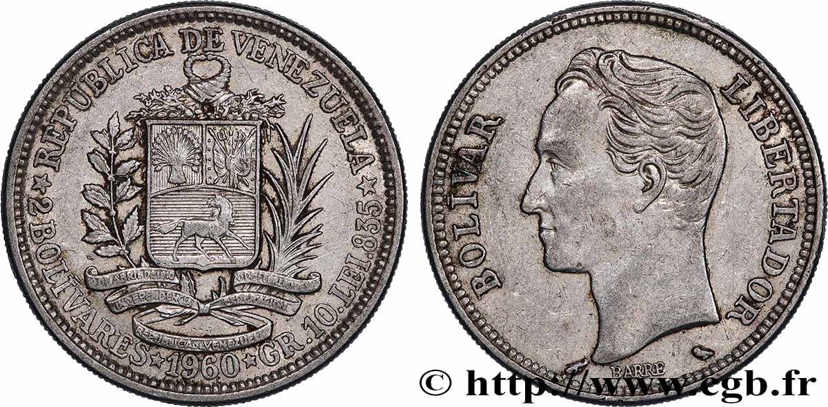 VENEZUELA 2 Bolivares Simon Bolivar 1960 Paris TTB+ 