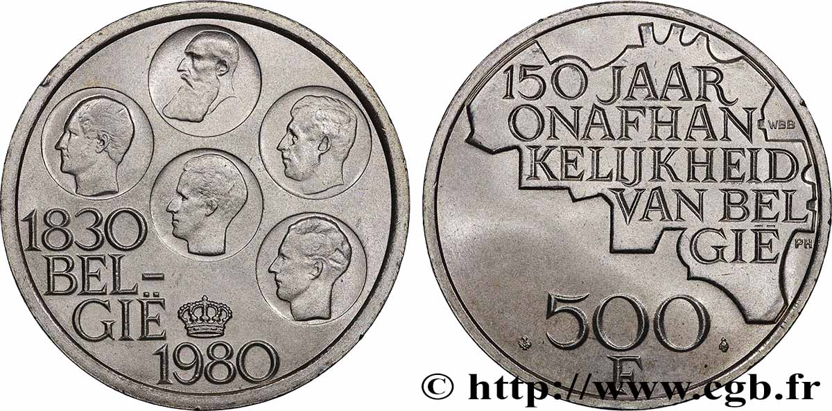 BELGIQUE 500 Francs légende flamande 150e anniversaire de l’indépendance, portrait des 5 rois / carte de Belgique 1980 Bruxelles SUP 