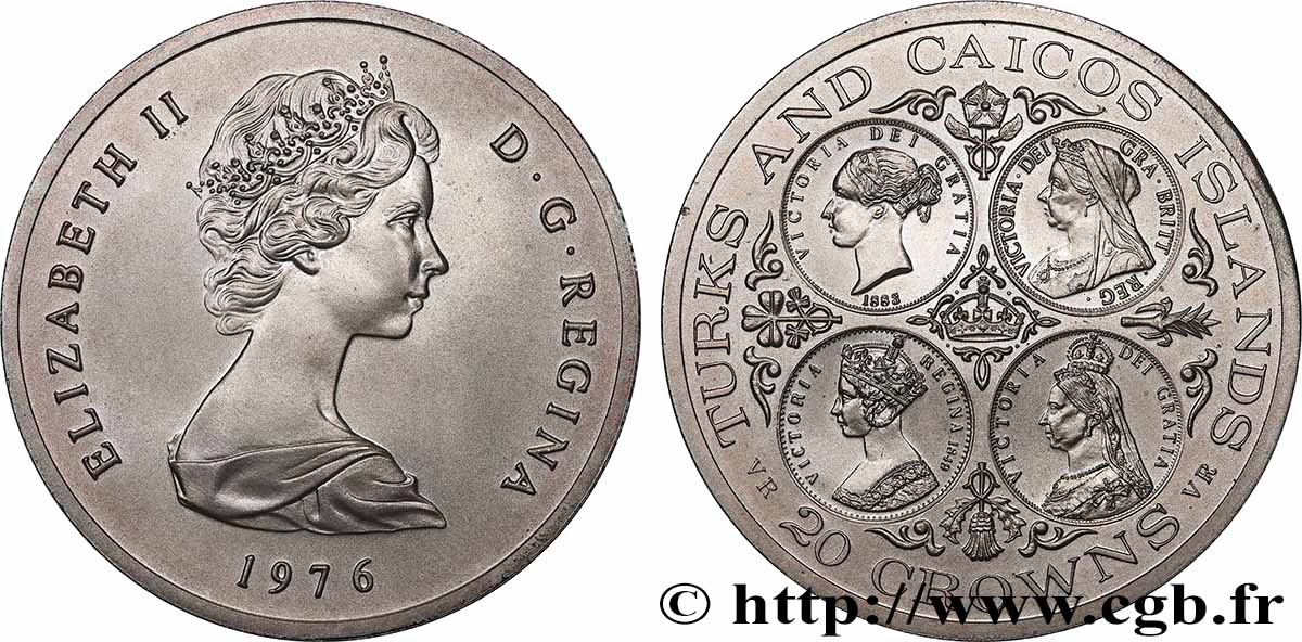 ÎLES TURQUES ET CAÏQUES 20 Crowns Victoria 1976 Valcambi, Balerna SPL 