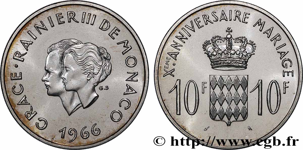 MONACO 10 Francs argent, dixième anniversaire du mariage 1966 Paris fST 
