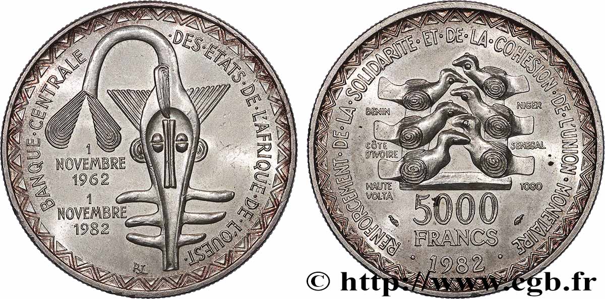 ÉTATS DE L&nbsp;AFRIQUE DE L&nbsp;OUEST (BCEAO) 5000 Francs masque 1982 Paris SPL 