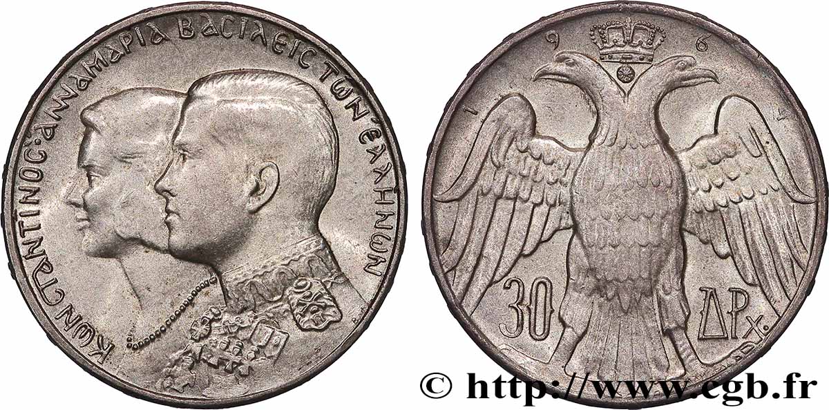 GRIECHENLAND 30 Drachmes mariage royal 1964 Kongsberg, Norvège fVZ 