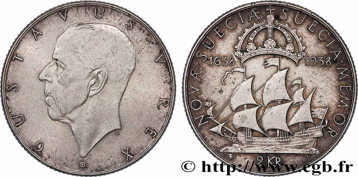 SUÈDE 2 Kronor 300e anniversaire de la colonisation du Delaware 1938 Kungholmen TTB+ 