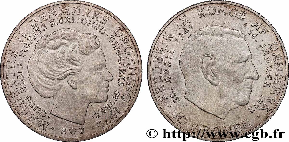 DANEMARK 10 Kroner Mort de Frederik IX et accession de Margrethe II au trône 1972 Copenhague SUP 