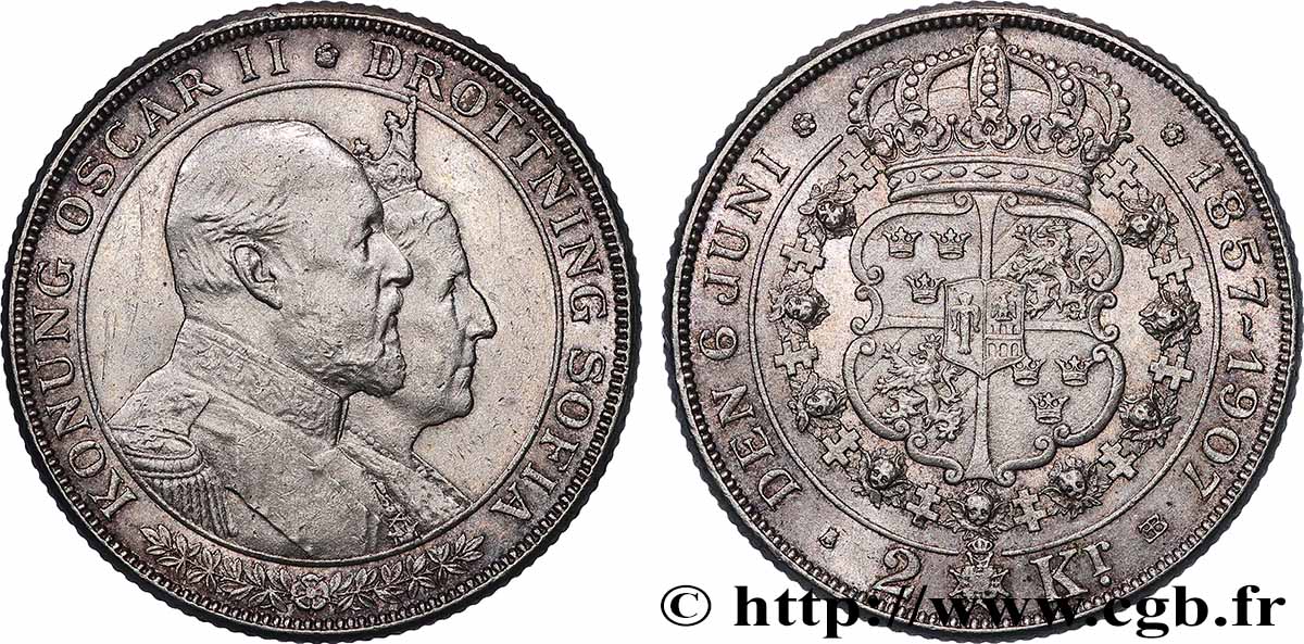 SUÈDE 2 Kronor noces d’or du roi Oscar II et de la reine Sophie de Nassau 1907  SUP 