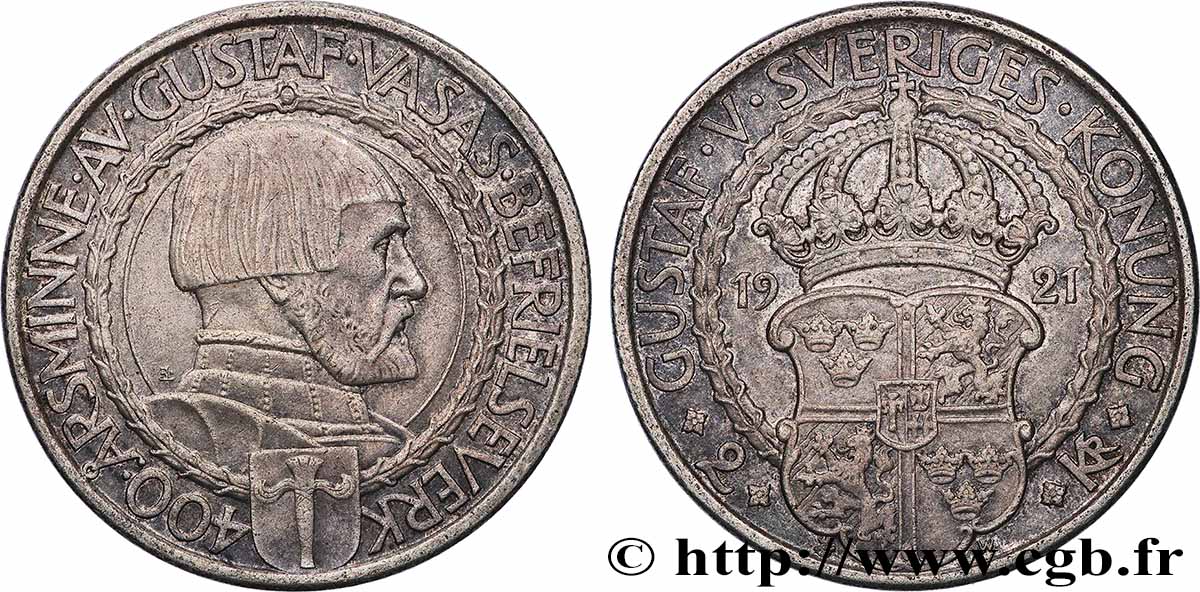 SUÈDE 2 Kronor Gustave Vasa 400e anniversaire de la liberté politique 1921  SUP 