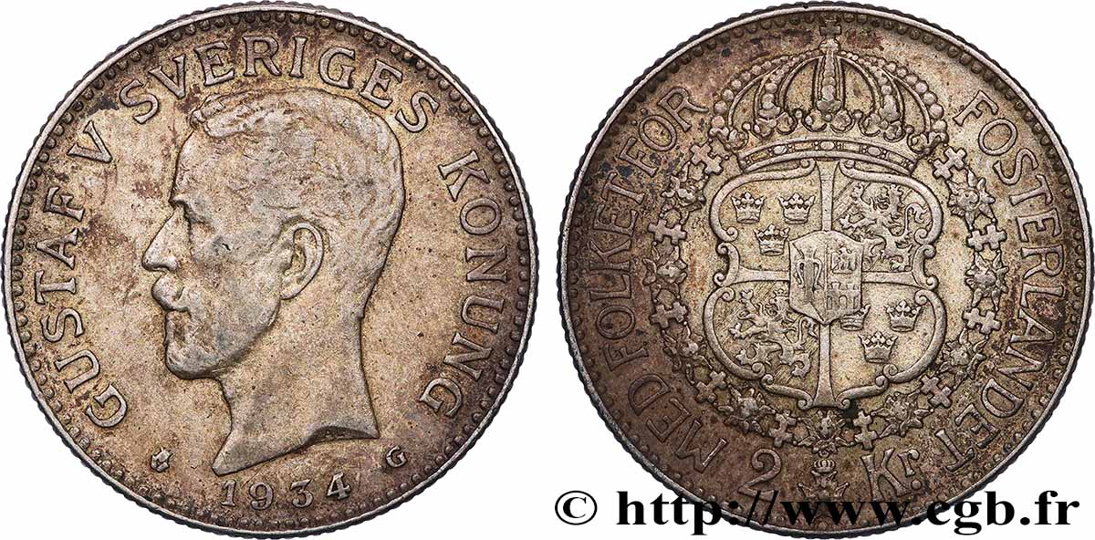 SUÈDE 2 Kronor Gustave V  1934  TTB+ 