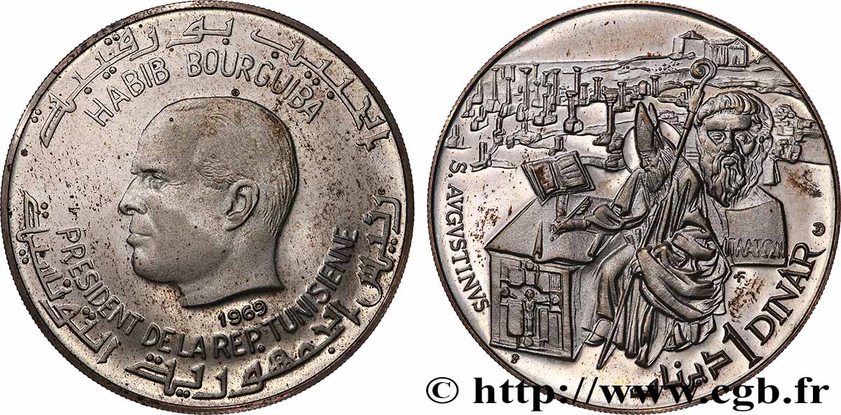 TUNISIE 1 Dinar Proof Habib Bourguiba - Saint Augustin 1969 Franklin Mint SPL 