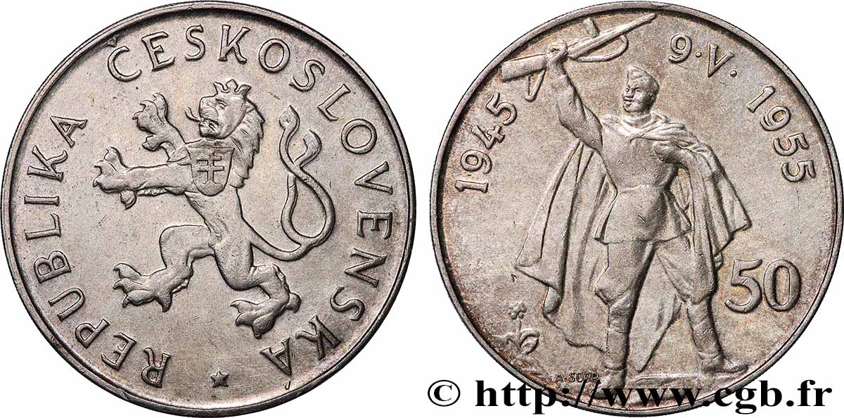 TCHÉCOSLOVAQUIE 50 Korun 30e anniversaire de la libération 1955  TTB+ 