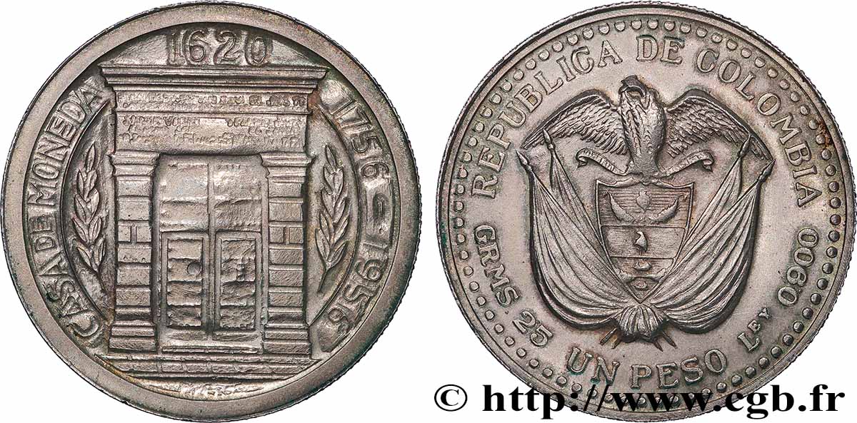 COLOMBIE 1 Peso 200e anniversaire atelier monétaire de Popayan 1956 Mexico SUP 