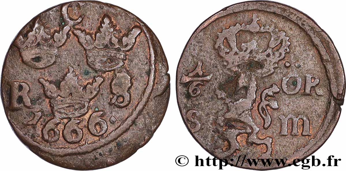 SWEDEN 1/6 Ore Charles XI de Suède 1666 Dresde VF 